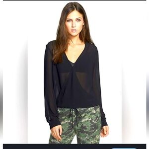 WAYF‎ Black Sheer Faux Wrap Blouse L/Sleeve w/Button Cuffs Longer in Back Medium